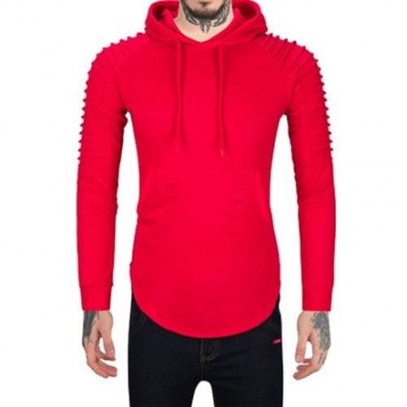 PLEATED TRIM DISTRESSED LONGLINE HOODIE (BLACK)
