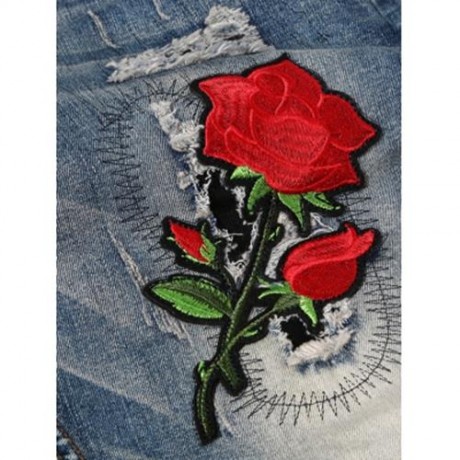 GRAPHIC ROSE EMBROIDERED BLEACHED RIPPED JEANS (BLUE)