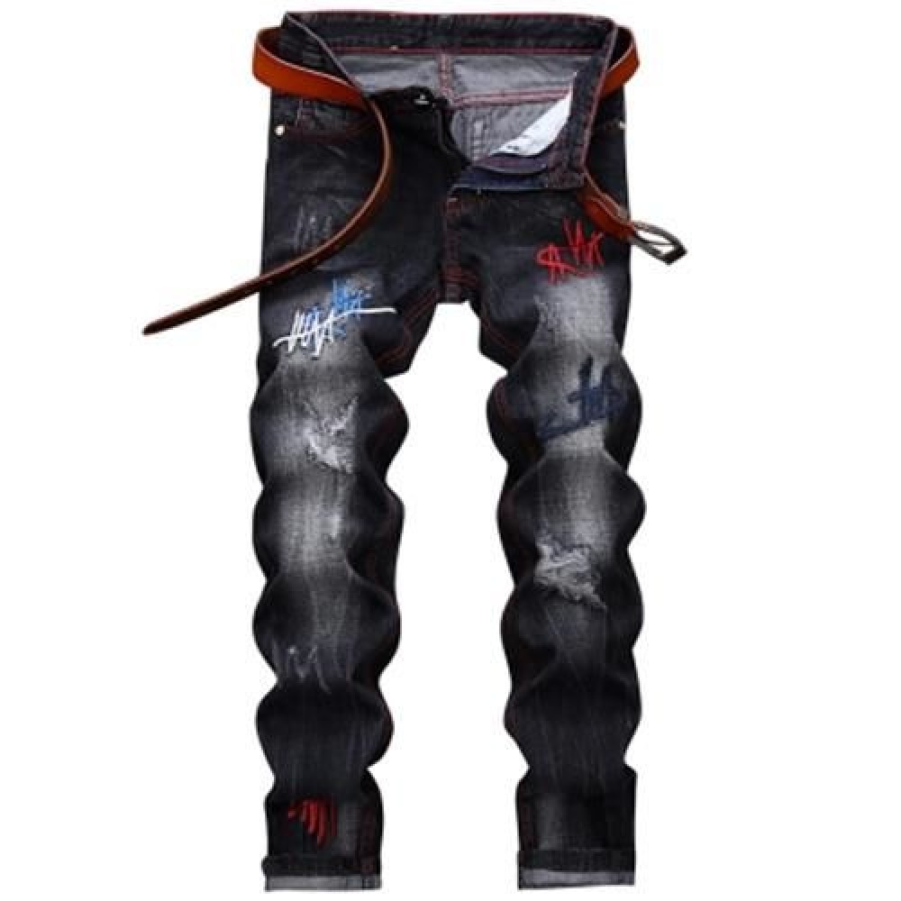 STRAIGHT LEG EMBROIDERY DISTRESSED JEANS (BLACK)