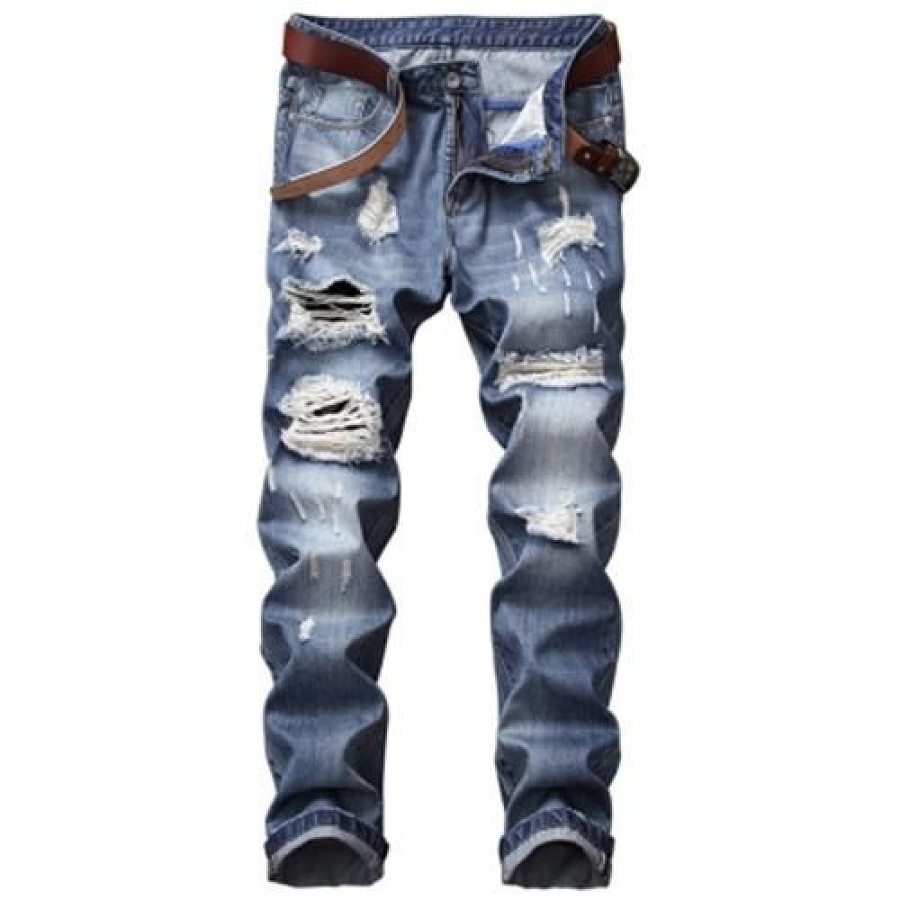 ZIPPER FLY STRAIGHT LEG BLEACHED EFFECT DISTRESSED JEANS (DENIM BLUE)