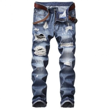 ZIPPER FLY STRAIGHT LEG BLEACHED EFFECT DISTRESSED JEANS (DENIM BLUE)
