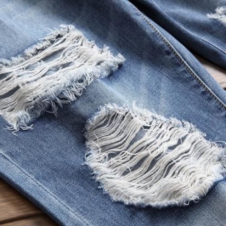 ZIPPER FLY STRAIGHT LEG BLEACHED EFFECT DISTRESSED JEANS (DENIM BLUE)