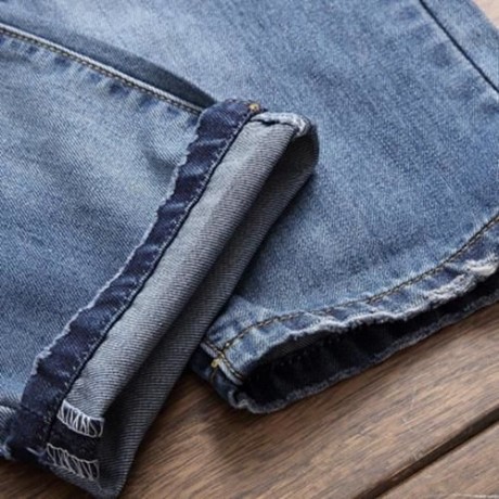 ZIPPER FLY STRAIGHT LEG BLEACHED EFFECT DISTRESSED JEANS (DENIM BLUE)