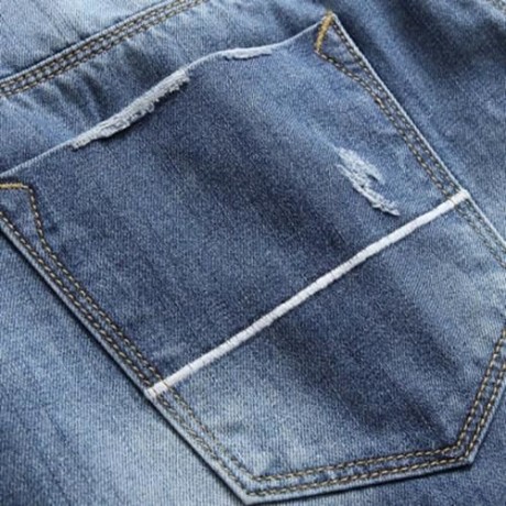 ZIPPER FLY STRAIGHT LEG BLEACHED EFFECT DISTRESSED JEANS (DENIM BLUE)