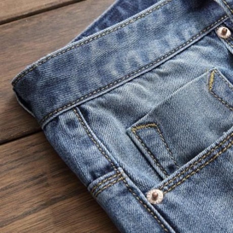 ZIPPER FLY STRAIGHT LEG BLEACHED EFFECT DISTRESSED JEANS (DENIM BLUE)