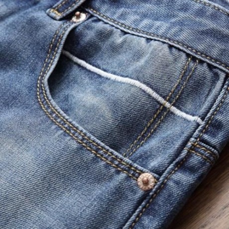 ZIPPER FLY STRAIGHT LEG BLEACHED EFFECT DISTRESSED JEANS (DENIM BLUE)
