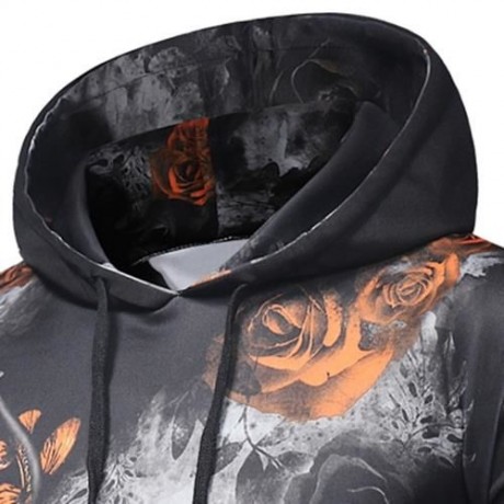 KANGAROO POCKET ROSE PRINT PULLOVER HOODIE (ORANGE)