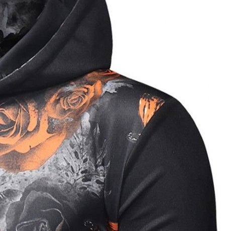 KANGAROO POCKET ROSE PRINT PULLOVER HOODIE (ORANGE)
