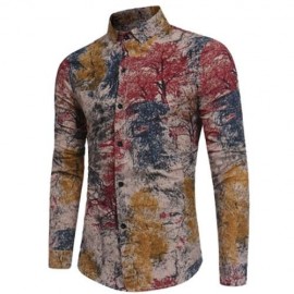 COLORFUL PLANTS TIE DYE PRINT COTTON LINEN SHIRT (RED)