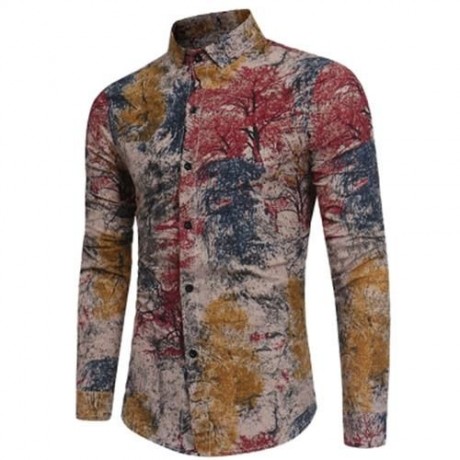 COLORFUL PLANTS TIE DYE PRINT COTTON LINEN SHIRT (RED)