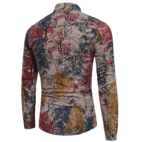 COLORFUL PLANTS TIE DYE PRINT COTTON LINEN SHIRT (RED)