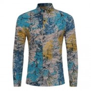 COLORFUL PLANTS TIE DYE PRINT COTTON LINEN SHIRT (LAKE BLUE)