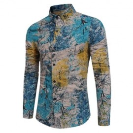COLORFUL PLANTS TIE DYE PRINT COTTON LINEN SHIRT (LAKE BLUE)