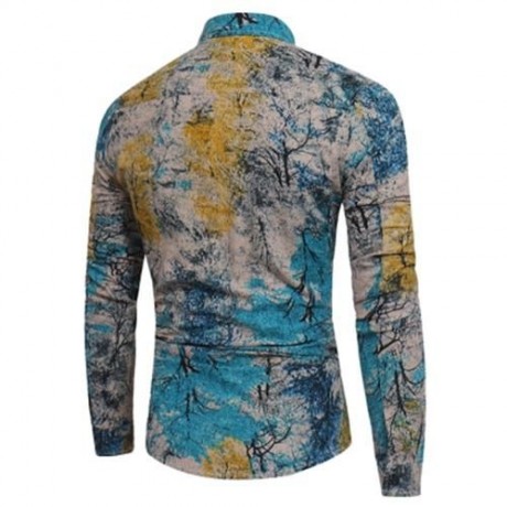 COLORFUL PLANTS TIE DYE PRINT COTTON LINEN SHIRT (LAKE BLUE)