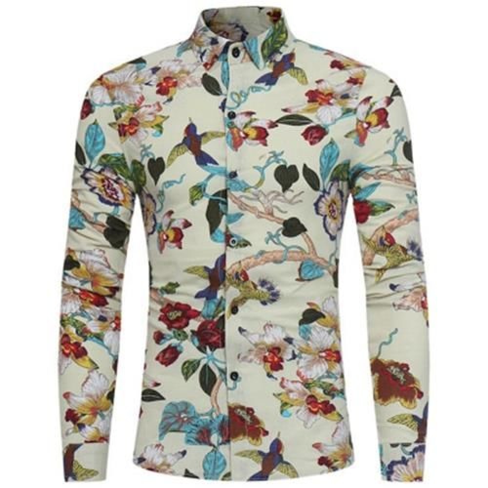 3D FLORALS BIRDS PRINT COTTON LINEN SHIRT (OFF-WHITE)