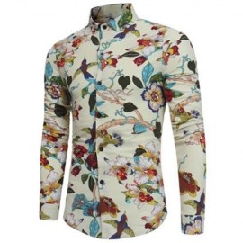 3D FLORALS BIRDS PRINT COTTON LINEN SHIRT (OFF-WHITE)