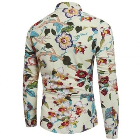 3D FLORALS BIRDS PRINT COTTON LINEN SHIRT (OFF-WHITE)