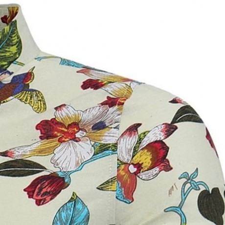 3D FLORALS BIRDS PRINT COTTON LINEN SHIRT (OFF-WHITE)
