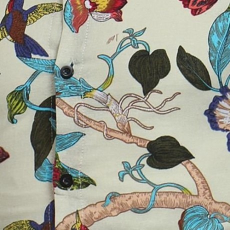 3D FLORALS BIRDS PRINT COTTON LINEN SHIRT (OFF-WHITE)