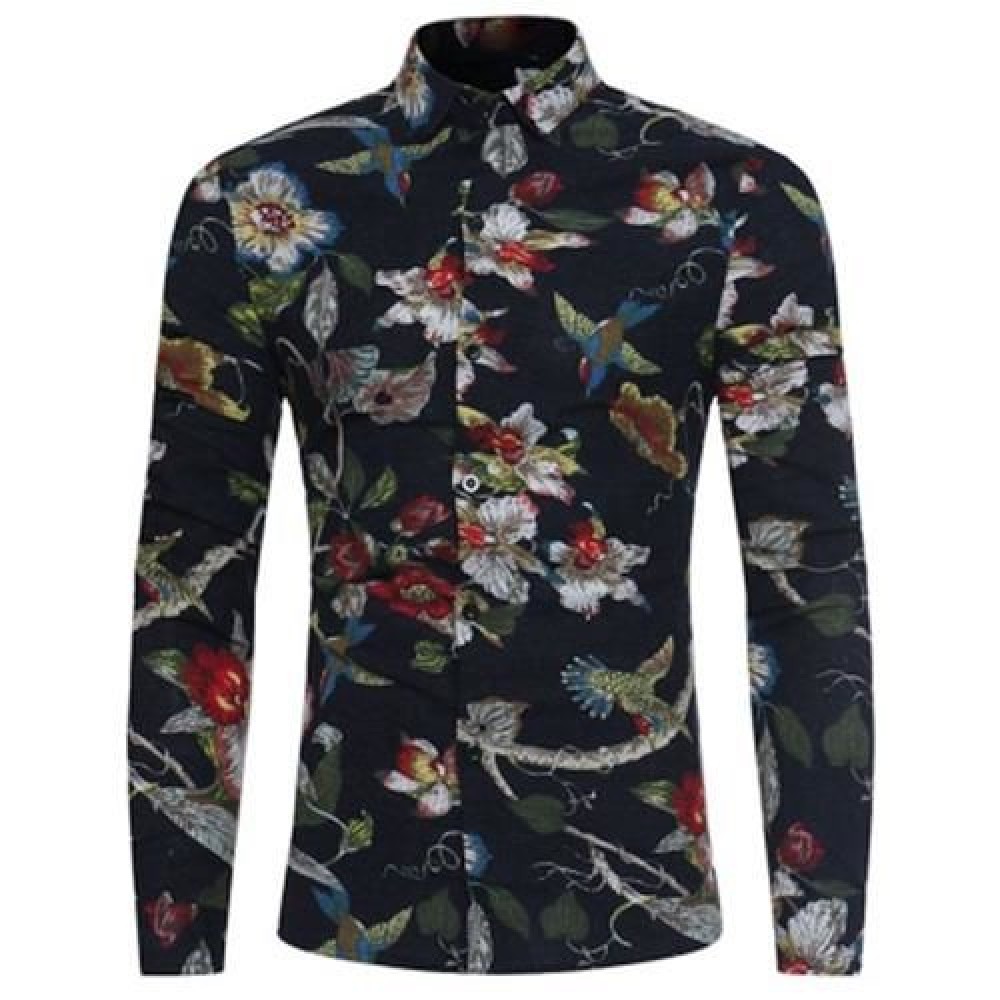 3D FLORALS BIRDS PRINT COTTON LINEN SHIRT (BLACK)