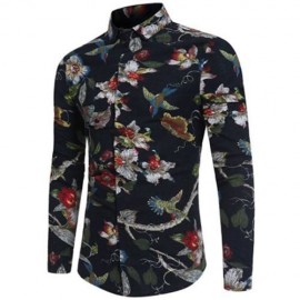 3D FLORALS BIRDS PRINT COTTON LINEN SHIRT (BLACK)