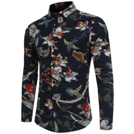 3D FLORALS BIRDS PRINT COTTON LINEN SHIRT (BLACK)