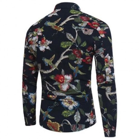3D FLORALS BIRDS PRINT COTTON LINEN SHIRT (BLACK)