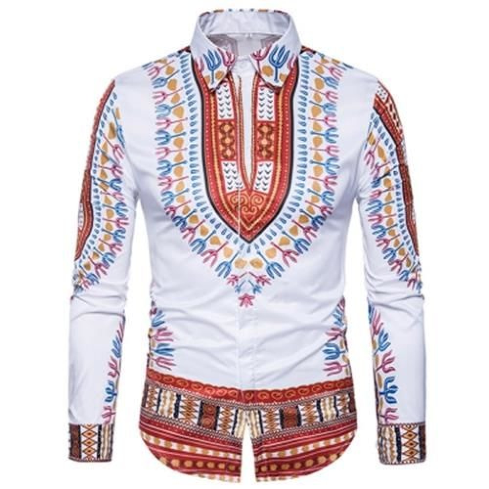 ETHNIC STYLE GEOMETRIC PRINT LONG SLEEVE SHIRT (WINE RED)