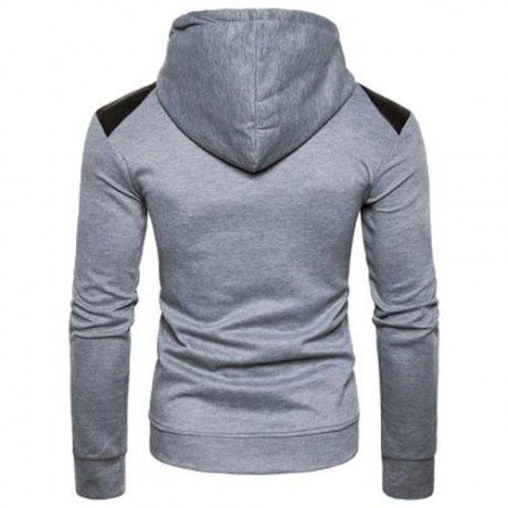 HOODED PU LEATHER PANEL ZIP UP HOODIE (LIGHT GRAY)
