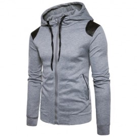 HOODED PU LEATHER PANEL ZIP UP HOODIE (LIGHT GRAY)