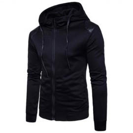 HOODED PU LEATHER PANEL ZIP UP HOODIE (BLACK)