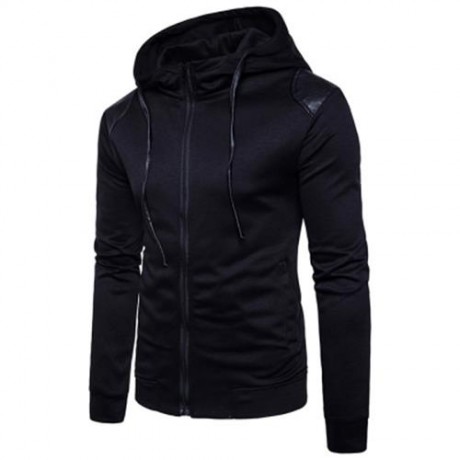 HOODED PU LEATHER PANEL ZIP UP HOODIE (BLACK)