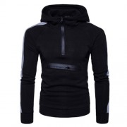 COLOR BLOCK PANEL ZIPPERS FLEECE PULLOVER HOODIE (BLACK)