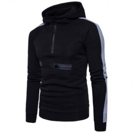 COLOR BLOCK PANEL ZIPPERS FLEECE PULLOVER HOODIE (BLACK)