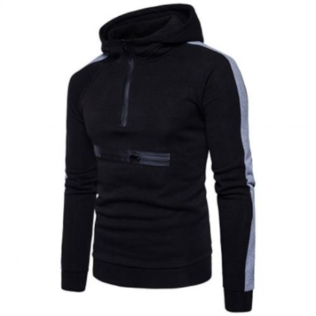 COLOR BLOCK PANEL ZIPPERS FLEECE PULLOVER HOODIE (BLACK)