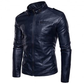 STAND COLLAR EPAULET FAUX LEATHER ZIP UP JACKET (CADETBLUE)