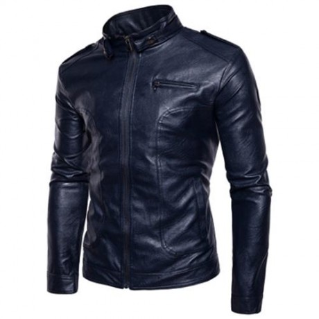 STAND COLLAR EPAULET FAUX LEATHER ZIP UP JACKET (CADETBLUE)