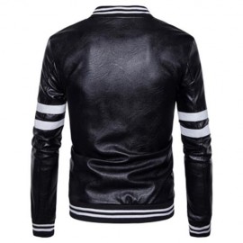 STRIPE ZIP UP FAUX LEATHER BASEBALL JACKET (BLACK)