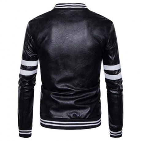 STRIPE ZIP UP FAUX LEATHER BASEBALL JACKET (BLACK)