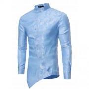 BROCADE PAISLEY ASYMMETRICAL HEM SHIRT (BLUE)