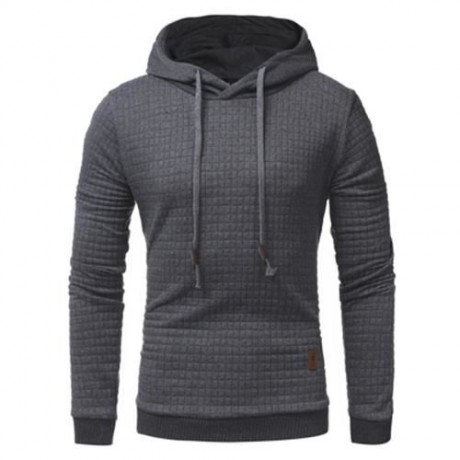 HOODED DRAWSTRING APPLIQUE CHECKED EMBOSSING HOODIE (DEEP GRAY)