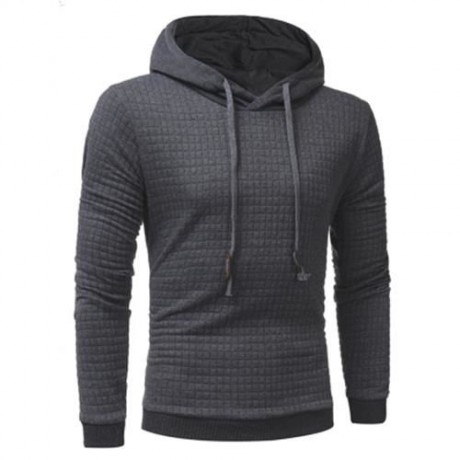 HOODED DRAWSTRING APPLIQUE CHECKED EMBOSSING HOODIE (DEEP GRAY)