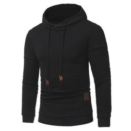 HOODED DRAWSTRING APPLIQUE CHECKED EMBOSSING HOODIE (BLACK)