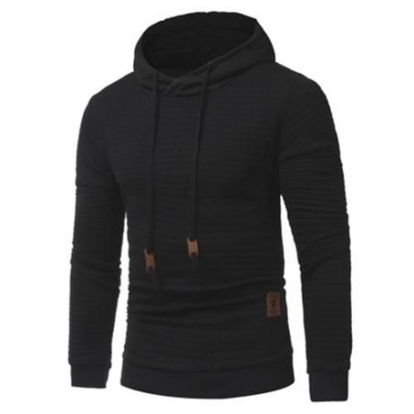 HOODED DRAWSTRING APPLIQUE CHECKED EMBOSSING HOODIE (BLACK)