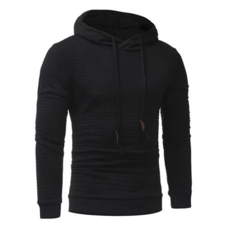 HOODED DRAWSTRING APPLIQUE CHECKED EMBOSSING HOODIE (BLACK)