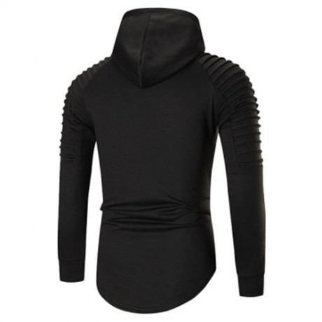 PLEATED TRIM DISTRESSED LONGLINE HOODIE (BLACK)