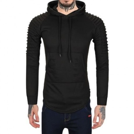 PLEATED TRIM DISTRESSED LONGLINE HOODIE (BLACK)