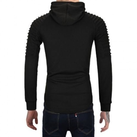 PLEATED TRIM DISTRESSED LONGLINE HOODIE (BLACK)