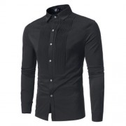 FRONT PLEATED CASUAL LONG SLEEVE SHIRT (BLACK)