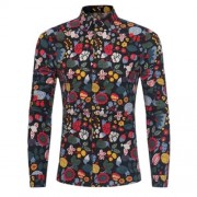CARTOON FLORALS PRINT COTTON LINEN SHIRT (BLACK)